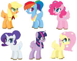 Size: 1048x820 | Tagged: safe, artist:derpydinosaurus, artist:selenaede, base used, character:applejack, character:fluttershy, character:pinkie pie, character:rainbow dash, character:rarity, character:twilight sparkle, character:twilight sparkle (alicorn), species:alicorn, species:deer, species:earth pony, species:pegasus, species:pony, species:unicorn, alternate hairstyle, appledeer, bow, butt freckles, clothing, confetti, confetti in mane, deer tail, deerified, doe, eye clipping through hair, female, flower, flower in hair, freckles, glasses, hair bun, mane six, open mouth, original species, ponytail, rainbow deer, rarideer, scarf, simple background, smiling, species swap, unshorn fetlocks, white background