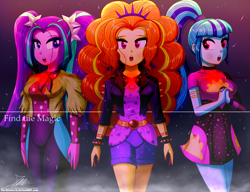 Size: 1720x1320 | Tagged: safe, artist:the-butch-x, character:adagio dazzle, character:aria blaze, character:sonata dusk, episode:find the magic, g4, my little pony: equestria girls, my little pony:equestria girls, spoiler:eqg series (season 2), adoragio, ariabetes, beautiful, clothing, cute, dress, female, gem, looking at you, open mouth, pigtails, ponytail, singing, siren gem, sonatabetes, spiked wristband, taco dress, the dazzlings, the dazzlings have returned, trio, trio female, twintails, wristband