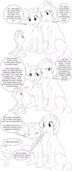 Size: 1260x2972 | Tagged: safe, artist:silfoe, character:starlight glimmer, character:tempest shadow, oc, oc:pterus, parent:princess luna, parent:twilight sparkle, parents:twiluna, species:bat pony, species:pony, species:unicorn, royal sketchbook, adopted offspring, alternate hairstyle, bat pony oc, broken horn, colt, dialogue, female, foal, horn, male, mare, monochrome, scared, simple background, speech bubble, talking, white background