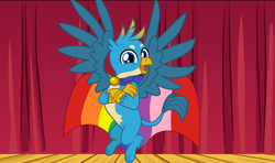 Size: 5904x3488 | Tagged: safe, artist:cloudyglow, artist:disneymarvel96, artist:moonwhisperderpy, character:gallus, species:griffon, brooch, cape, clasp, clothing, male, pride, rainbow, stage, the explosion in a rainbow factory