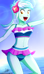 Size: 820x1360 | Tagged: safe, artist:the-butch-x, part of a set, character:lyra heartstrings, g4, my little pony: equestria girls, my little pony:equestria girls, adorasexy, armpits, attached skirt, beach, beach babe, belly button, bikini, bikini babe, blue swimsuit, clothing, crepuscular rays, cute, female, frilled swimsuit, happy, headband, looking at you, lyrabetes, midriff, open mouth, pink swimsuit, sexy, signature, sitting, skirt, smiling, solo, striped swimsuit, swimsuit, tricolor swimsuit, underass