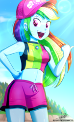 Size: 820x1360 | Tagged: safe, artist:the-butch-x, character:rainbow dash, g4, my little pony: equestria girls, my little pony:equestria girls, belly button, breasts, cap, clothing, cute, dashabetes, female, geode of super speed, hat, jewelry, looking at you, magical geodes, midriff, necklace, open mouth, shorts, solo, stupid sexy rainbow dash, swimsuit