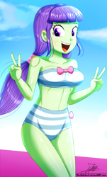 Size: 820x1360 | Tagged: safe, artist:the-butch-x, character:starlight, my little pony:equestria girls, bandeau, bikini, breasts, busty starlight, clothing, female, happy, high waisted bikini, midriff, open mouth, peace sign, sky, smiling, solo, starlight, swimsuit