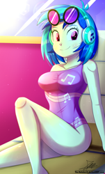 Size: 820x1360 | Tagged: safe, artist:the-butch-x, character:dj pon-3, character:vinyl scratch, my little pony:equestria girls, adorasexy, big breasts, breasts, busty vinyl scratch, clothing, cute, female, happy, headphones, legs, one-piece swimsuit, sexy, signature, smiling, solo, sunglasses, swimsuit, thighs, vinylbetes
