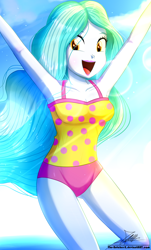 Size: 820x1360 | Tagged: safe, artist:the-butch-x, part of a set, character:paisley, my little pony:equestria girls, armpits, breasts, busty paisley, clothing, crepuscular rays, cute, female, happy, looking at you, one-piece swimsuit, open mouth, part of a series, sexy, sky, smiling, solo, swimsuit
