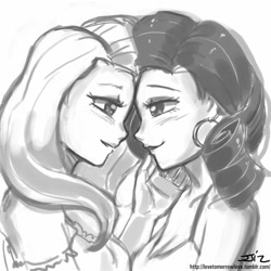 Size: 850x850 | Tagged: safe, artist:johnjoseco, character:fluttershy, character:rarity, species:human, ship:rarishy, blushing, cleavage, ear piercing, earring, eye contact, female, grayscale, humanized, imminent kissing, jewelry, lesbian, looking at each other, monochrome, piercing, shipping