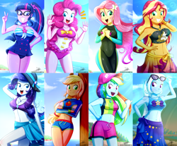 Size: 3280x2720 | Tagged: safe, artist:the-butch-x, edit, part of a set, character:applejack, character:fluttershy, character:pinkie pie, character:rainbow dash, character:rarity, character:sunset shimmer, character:trixie, character:twilight sparkle, character:twilight sparkle (scitwi), species:eqg human, equestria girls:forgotten friendship, g4, my little pony: equestria girls, my little pony:equestria girls, adorasexy, adorkable, applejack's hat, armpits, attached skirt, bare shoulders, beach, beach babe, beautiful, beautisexy, belly button, big breasts, bikini, bikini babe, blue swimsuit, blushing, bow swimsuit, breasts, busty applejack, busty fluttershy, busty rarity, busty sci-twi, busty sunset shimmer, busty twilight sparkle, cap, cleavage, clothing, cloud, collage, commission, cowboy hat, crepuscular rays, crossed legs, cute, dashabetes, diapinkes, diatrixes, diving suit, dork, female, freckles, frilled swimsuit, geode of shielding, geode of super speed, geode of super strength, geode of telekinesis, glasses, grin, hand on hip, happy, hat, jewelry, lens flare, looking at you, magical geodes, midriff, necklace, one-piece swimsuit, open mouth, peace sign, pink swimsuit, ponytail, pretty, raribetes, sarong, sexy, shimmerbetes, shorts, shyabetes, signature, skirt, sky, smiling, speedpaint available, stetson, striped swimsuit, stupid sexy fluttershy, stupid sexy rainbow dash, stupid sexy rarity, summer sunset, sun hat, sunglasses, swimsuit, thighs, tricolor swimsuit, twiabetes, underass, wall of tags, wetsuit