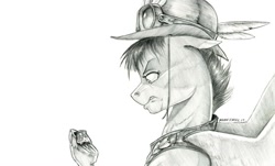 Size: 1400x845 | Tagged: safe, artist:baron engel, oc, oc:squall, species:pegasus, species:pony, bowler hat, clothing, feather, female, goggles, hat, hoof hold, mare, monochrome, pencil drawing, pottery, simple background, solo, story included, traditional art, vest, white background