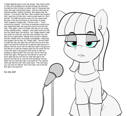 Size: 1500x1376 | Tagged: safe, artist:pabbley, edit, character:maud pie, species:earth pony, species:pony, butt kiss, fat, female, grammar error, mare, maud the comedian, microphone, monochrome, neo noir, open mouth, partial color, solo, stand-up comedy, text, tl;dr, twilard sparkle, twilight burgkle