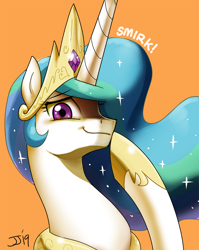 Size: 800x1006 | Tagged: safe, artist:johnjoseco, character:princess celestia, species:alicorn, species:pony, bust, crown, cute, cutelestia, ethereal mane, female, galaxy mane, hoof shoes, jewelry, mare, noblewoman's laugh, orange background, portrait, regalia, simple background, smiling, smirk, solo