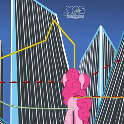 Size: 2000x2000 | Tagged: safe, artist:aleximusprime, artist:grapefruitface1, character:pinkie pie, species:pony, ponified, ponified album cover, sky, skyscraper, tubes, yes (band)