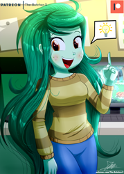 Size: 1120x1560 | Tagged: safe, artist:the-butch-x, character:wallflower blush, equestria girls:forgotten friendship, g4, my little pony: equestria girls, my little pony:equestria girls, blushing, clothing, cute, female, flowerbetes, happy, looking at you, open mouth, pants, patreon, patreon logo, signature, smiling, solo, sweater