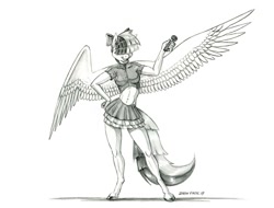 Size: 1400x1064 | Tagged: safe, artist:baron engel, character:songbird serenade, species:anthro, species:pegasus, species:pony, species:unguligrade anthro, my little pony: the movie (2017), bow, clothing, female, grayscale, hair bow, hair over eyes, legs, mare, microphone, midriff, miniskirt, monochrome, pencil drawing, simple background, sketch, skirt, solo, traditional art, white background