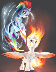 Size: 3300x4200 | Tagged: safe, artist:silfoe, character:rainbow dash, character:twilight sparkle, character:twilight sparkle (alicorn), species:alicorn, species:pegasus, species:pony, fanfic:the tomb of the nameless evil, armor, colored wings, colored wingtips, commission, duo, electric dash, fanfic art, female, fire, lightning, mane of fire, multicolored wings, rainbow power, rainbow power rainbow dash, rainbow power twilight sparkle, rainbow wings, rapidash twilight, ultimate twilight, wings