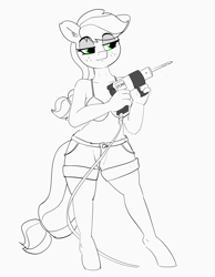 Size: 3556x4593 | Tagged: safe, artist:pabbley, character:applejack, species:anthro, species:unguligrade anthro, bra, clothing, drill, eye clipping through hair, female, lidded eyes, partial color, power tools, shorts, solo, underwear