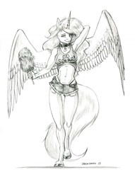 Size: 1000x1307 | Tagged: safe, artist:baron engel, character:princess celestia, species:alicorn, species:anthro, species:pony, species:unguligrade anthro, armpits, belly button, breasts, busty princess celestia, clothing, collar, cotton candy, daisy dukes, female, grayscale, looking at you, mare, midriff, monochrome, panties, pencil drawing, praise the sun, shorts, simple background, solo, tank top, thong, traditional art, underwear, white background