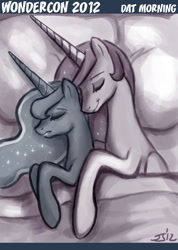 Size: 600x841 | Tagged: safe, artist:johnjoseco, character:princess celestia, character:princess luna, species:alicorn, species:pony, ask princess molestia, bed, comic, duo, duo female, female, mare, monochrome, on side, sleeping