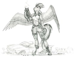 Size: 1400x1071 | Tagged: safe, artist:baron engel, patreon reward, character:rainbow dash, species:anthro, species:pegasus, species:pony, species:unguligrade anthro, amputee, bullpup rifle, car, clothing, female, gun, mare, midriff, monochrome, pants, patreon, prosthetic leg, prosthetic limb, prosthetics, scar, sketch, solo, story in the source, submachinegun, tank top, traditional art, weapon, wreck