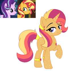 Size: 455x453 | Tagged: safe, artist:funny-arts, artist:selenaede, base used, character:starlight glimmer, character:sunset shimmer, oc, oc:sunshine falls, parent:starlight glimmer, parent:sunset shimmer, parents:shimmerglimmer, species:pony, species:unicorn, ship:shimmerglimmer, anklet, blank flank, ear piercing, earring, female, jewelry, lesbian, magical lesbian spawn, mare, necklace, next generation, offspring, piercing, raised hoof, shipping, simple background, white background