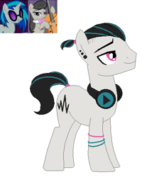 Size: 370x463 | Tagged: safe, artist:funny-arts, artist:selenaede, base used, character:dj pon-3, character:octavia melody, character:vinyl scratch, oc, oc:techno wave, parent:octavia melody, parent:vinyl scratch, parents:scratchtavia, species:earth pony, species:pony, species:unicorn, ship:scratchtavia, ear piercing, earring, female, headphones, jewelry, lesbian, magical lesbian spawn, male, next generation, offspring, piercing, ponytail, shipping, simple background, stallion, white background, wristband