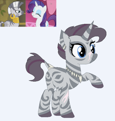 Size: 480x506 | Tagged: safe, artist:funny-arts, artist:selenaede, base used, character:rarity, character:zecora, oc, oc:wyld style, parent:rarity, parent:zecora, parents:raricora, species:pony, species:unicorn, species:zebra, species:zony, ship:raricora, ear piercing, earring, eyes closed, eyeshadow, female, hybrid, interspecies, interspecies offspring, jewelry, lesbian, magical lesbian spawn, makeup, mare, neck rings, necklace, offspring, piercing, raised hoof, scar, shipping, simple background, teeth, white background, zebracorn