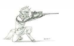 Size: 1400x885 | Tagged: safe, artist:baron engel, patreon reward, oc, oc only, species:pony, species:unicorn, fallout equestria, aiming, fallout, fallout 4, gun, hoof hold, kneeling, monochrome, patreon, pencil drawing, rifle, scope, sling, sniper rifle, solo, synth, the institute, traditional art, weapon