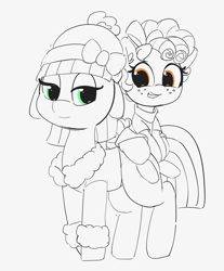 Size: 2215x2681 | Tagged: safe, artist:pabbley, character:cozy glow, character:maud pie, species:pony, clothing, cozybetes, cute, duo, ear fluff, hat, maudabetes, partial color, simple background, white background, wrong eye color