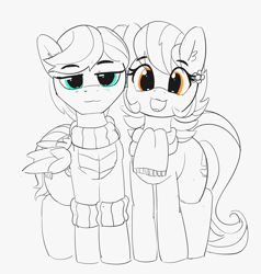 Size: 2674x2810 | Tagged: safe, artist:pabbley, character:aunt holiday, character:auntie lofty, species:earth pony, species:pegasus, species:pony, ship:lofty day, episode:the last crusade, g4, my little pony: friendship is magic, clothing, cute, ear fluff, eye clipping through hair, female, happy, lesbian, looking at you, mare, open mouth, partial color, scarf, shipping, smiling
