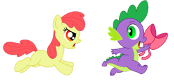 Size: 900x421 | Tagged: safe, artist:aleximusprime, character:apple bloom, character:spike, species:dragon, species:earth pony, species:pony, accessory theft, bow, duo, female, filly, male, running, simple background, smiling, transparent background
