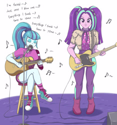 Size: 3543x3779 | Tagged: safe, artist:sumin6301, character:aria blaze, character:sonata dusk, equestria girls:sunset's backstage pass, g4, my little pony: equestria girls, my little pony:equestria girls, spoiler:eqg series (season 2), acoustic guitar, blow out, converse, electric guitar, fender telecaster, guitar, microphone, microphone stand, music notes, musical instrument, pigtails, ponytail, radiohead, shoes, singing, song reference, twintails