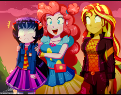 Size: 1560x1220 | Tagged: safe, artist:the-butch-x, character:pinkie pie, character:sunset shimmer, oc, oc:cassey, equestria girls:sunset's backstage pass, g4, my little pony: equestria girls, my little pony:equestria girls, spoiler:eqg series (season 2), blushing, female, geode of empathy, geode of sugar bombs, magical geodes, music festival outfit, shocked expression, surprised