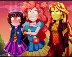 Size: 1560x1220 | Tagged: safe, alternate version, artist:the-butch-x, character:pinkie pie, character:sunset shimmer, oc, oc:cassey, equestria girls:sunset's backstage pass, g4, my little pony: equestria girls, my little pony:equestria girls, spoiler:eqg series (season 2), angry, geode of empathy, geode of sugar bombs, grin, imminent beatdown, magical geodes, music festival outfit, nervous, nervous grin, smiling, sunset shimmer is not amused, sweat, sweatdrop, this will not end well, unamused