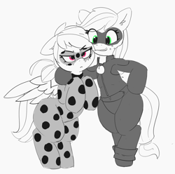 Size: 3583x3554 | Tagged: safe, artist:pabbley, character:applejack, character:rainbow dash, species:earth pony, species:pegasus, species:pony, angry, bipedal, clothing, cosplay, costume, female, floppy ears, freckles, human shoulders, mare, miraculous ladybug, monochrome, neo noir, partial color, semi-anthro, smiling, unamused