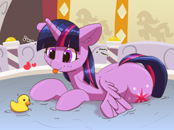 Size: 3446x2570 | Tagged: safe, artist:pabbley, character:twilight sparkle, character:twilight sparkle (alicorn), species:alicorn, species:pony, g4, bath, blep, cute, female, happy, heart, humming, mare, playing, rubber duck, smiling, solo, spa, tongue out, toy, twiabetes, water, wet, wet mane, wings