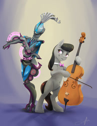 Size: 1020x1320 | Tagged: safe, artist:silfoe, character:octavia melody, species:earth pony, species:pony, belly, belly button, bipedal, cello, commission, duo, female, gradient background, looking at each other, mare, musical instrument, namesake, octavia (warframe), smiling, warframe