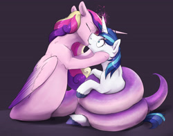 Size: 4200x3300 | Tagged: safe, artist:silfoe, character:princess cadance, character:shining armor, species:lamia, species:pony, species:unicorn, ship:shiningcadance, coils, commission, female, horn, horngasm, implied transformation, kissing, lamiafied, male, mare, orgasm, original species, scaroused, shipping, species swap, stallion, straight, surprised
