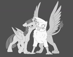 Size: 1680x1320 | Tagged: safe, artist:silfoe, character:gilda, character:twilight sparkle, character:twilight sparkle (alicorn), species:alicorn, species:griffon, species:pony, blushing, chest fluff, commission, crack shipping, female, gray background, grayscale, kiss on the cheek, kissing, lesbian, mare, missing cutie mark, monochrome, one eye closed, shipping, simple background, smiling, spread wings, twilda, wingboner, wings