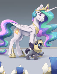 Size: 1275x1650 | Tagged: safe, artist:silfoe, character:princess celestia, oc, oc:killik, species:alicorn, species:bat pony, species:pony, armor, bat pony oc, commission, cute, duo focus, ethereal mane, fangs, female, filly, gray background, jewelry, mare, momlestia fuel, offscreen character, open mouth, regalia, royal guard, royal guard armor, silfoe is trying to murder us, simple background, smiling