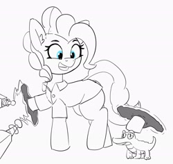 Size: 3003x2839 | Tagged: safe, artist:pabbley, character:gummy, character:pinkie pie, species:earth pony, species:pony, alligator, clothing, female, lab coat, lineart, mare, monochrome, neo noir, now you're thinking with portals, partial color, petting, portal, simple background, sketch, smiling, white background