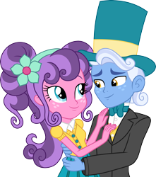 Size: 3000x3387 | Tagged: safe, artist:cloudyglow, character:petunia petals, character:sunny skies, species:human, ship:petuniasky, friendship is magic: rainbow roadtrip, g4, my little pony: friendship is magic, my little pony:equestria girls, clothing, couple, cute, dress, equestria girls-ified, female, freckles, hat, high res, male, petalbetes, simple background, suit, sunnydorable, top hat, transparent background