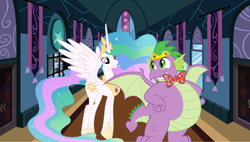 Size: 5000x2840 | Tagged: safe, artist:aleximusprime, artist:disneymarvel96, artist:sonofaskywalker, edit, character:princess celestia, character:spike, species:dragon, adult, adult spike, bow tie, canterlot, castle, crown, cute, cutelestia, eye contact, fat, fat spike, female, hallway, jewelry, king spike, looking at each other, male, older, older spike, peytral, regalia, shipping, smiling, spikelestia, straight, tiptoe, vector, vector edit, winged spike