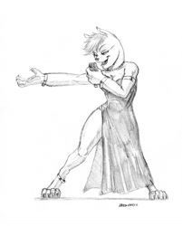 Size: 1100x1369 | Tagged: safe, artist:baron engel, oc, oc only, species:anthro, species:diamond dog, species:digitigrade anthro, clothing, commission, diamond dog oc, dress, female, female diamond dog, grayscale, jewelry, microphone, monochrome, necklace, pearl necklace, pencil drawing, side slit, signature, simple background, singer, singing, solo, traditional art, white background