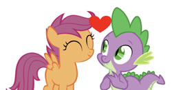 Size: 677x354 | Tagged: safe, artist:cassidycreations, artist:cloudyglow, edit, editor:undeadponysoldier, character:scootaloo, character:spike, species:dragon, species:pegasus, species:pony, ship:scootaspike, adorable face, cute, dawwww, female, filly, heart, male, shipping, simple background, straight, white background