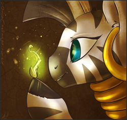 Size: 1000x946 | Tagged: safe, artist:atryl, character:zecora, species:zebra, 30 minute art challenge, ear piercing, earring, female, jewelry, neck rings, piercing, quadrupedal, seed, smiling, solo