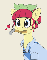 Size: 1547x1975 | Tagged: safe, artist:pabbley, character:torque wrench, species:earth pony, species:pony, friendship is magic: rainbow roadtrip, g4, my little pony: friendship is magic, atorqueable, clothing, cute, female, floating heart, hammer, happy, heart, hooves, mare, mouth hold, solo