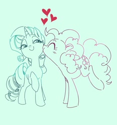 Size: 1116x1200 | Tagged: safe, artist:glacierclear, character:pinkie pie, character:rarity, species:earth pony, species:pony, ship:raripie, blushing, cute, eyes closed, female, heart, kissing, lesbian, mare, missing leg, monochrome, raised hoof, shipping, simple background