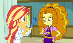 Size: 3000x1765 | Tagged: safe, artist:cloudyglow, artist:ktd1993, artist:trixiesparkle63, character:adagio dazzle, character:sunset shimmer, ship:sunsagio, my little pony:equestria girls, clothing, female, gloves, injured, lesbian, rubber gloves, shipping