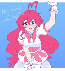 Size: 1280x1394 | Tagged: safe, artist:jonfawkes, character:pinkie pie, species:human, series:nightmare war, ahoge, blushing, breaking the fourth wall, cute, dialogue, diapinkes, female, humanized, solo