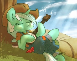 Size: 1000x800 | Tagged: safe, artist:atryl, character:lyra heartstrings, species:pony, species:unicorn, g4, 30 minute art challenge, banjo, clothing, cowboy hat, cowgirl, female, hat, mare, music notes, musical instrument, overalls, solo, stetson
