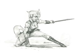 Size: 1500x1012 | Tagged: safe, artist:baron engel, character:limestone pie, species:anthro, species:pony, species:unguligrade anthro, badass, breasts, cleavage, clothing, female, grayscale, hoof boots, hoof shoes, mare, monochrome, pencil drawing, serious, serious face, simple background, sketch, solo, traditional art, weapon, white background